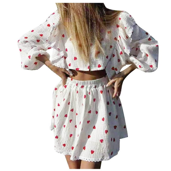 Womens Girls Cute 2 Piece Outfits Print Ruffle Lace Long Sleeve Button down Crop Tops and A-Line Mini Skirts Sets Red
