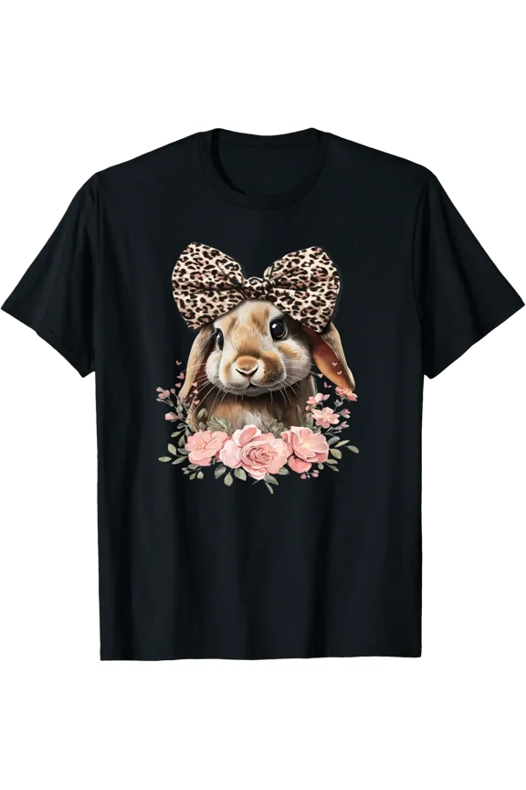 Womens Girls Floral Leopard Holland Lop Rabbit Lover T-Shirt