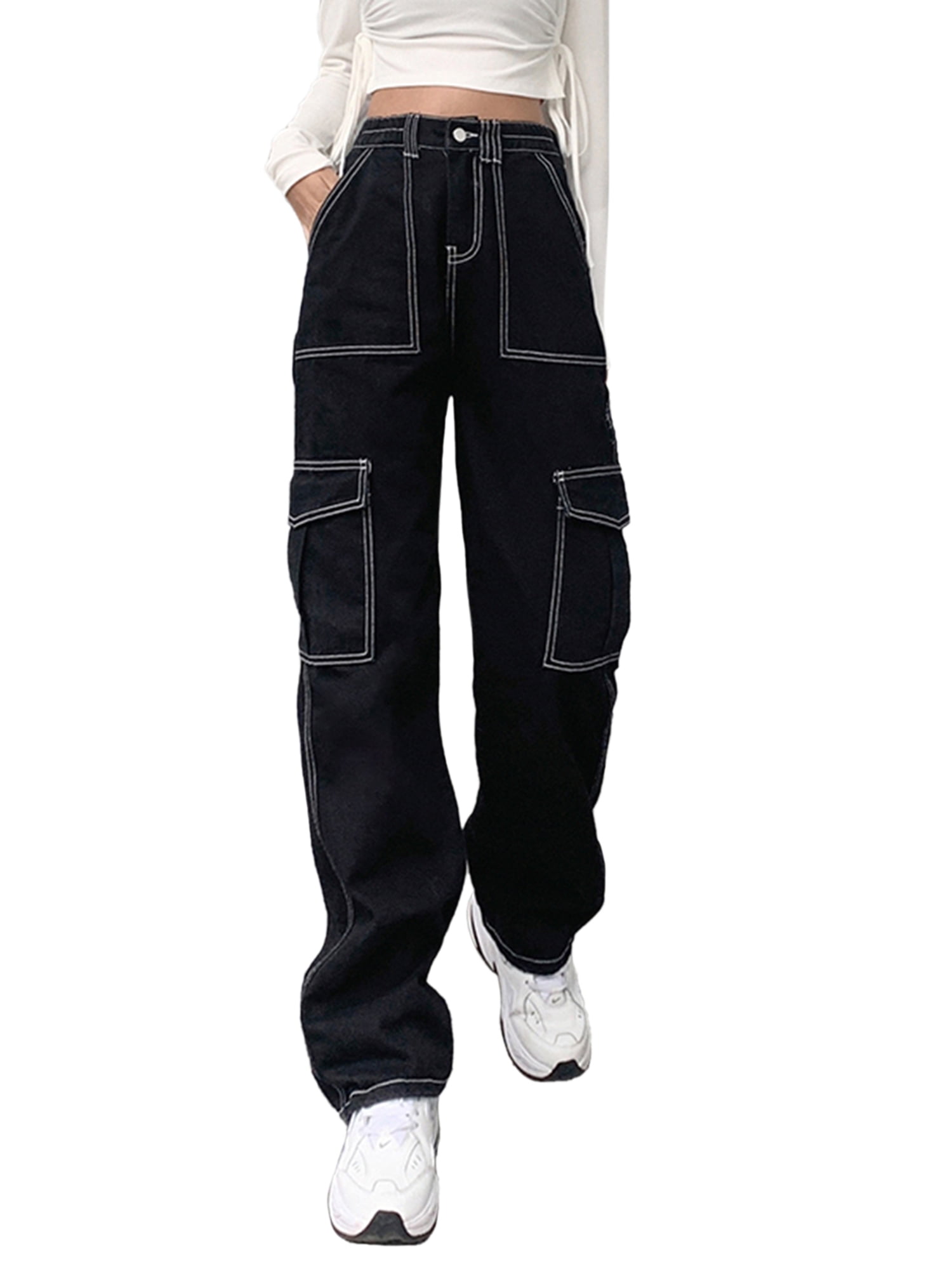 Womens Girls High Waisted Baggy Jeans Straight Wide Leg Denim Pants Y2K  Trousers Streetwear with Big Pockets