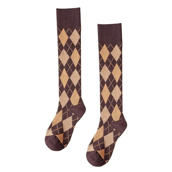 Womens Girls Knee High Socks Green Black Navy Blue Khaki Coffee Vintage Argyle Novelty Socks