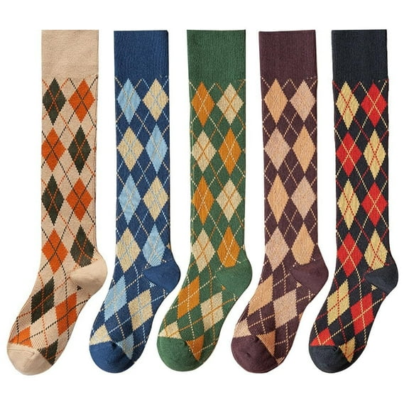 Womens Girls Knee High Socks Green Black Navy Blue Khaki Coffee Vintage Argyle Novelty Socks