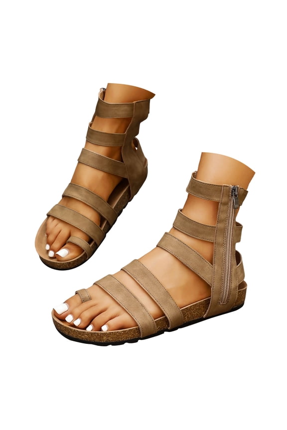 Womens Gladiator Sandals Clip Toe Ring Cork Footbed Ankle High Caged Beach Shoes with Side Zipper Casual Flat Flip Flops Khaki Size 9.5