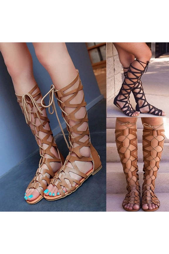 Womens Gladiator Sandals Flat Knee High Boots Fashion Cross Strappy Lace up Back Zipper Open Toe Summer Outdoor Casual Shoes Black Size 7