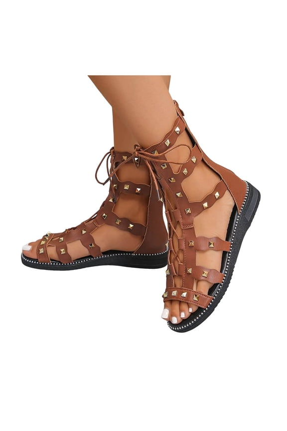 Womens Gladiator Sandals Hollow out Open Toe Summer Ankle Boots with Back Zipper Retro Studded Lace up Soft Leather Beach Flat Shoes Brown Size 9