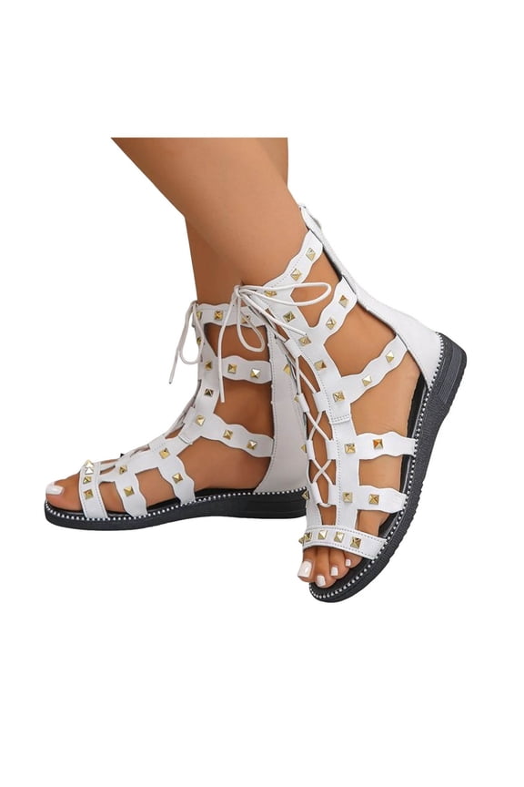 Womens Gladiator Sandals Hollow out Open Toe Summer Ankle Boots with Back Zipper Retro Studded Lace up Soft Leather Beach Flat Shoes White Size 9