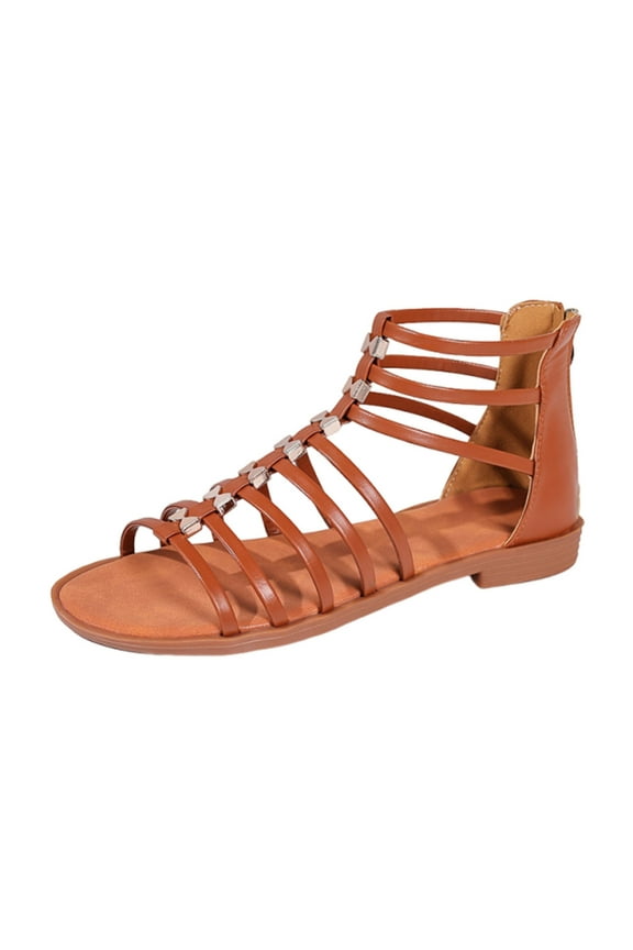 Womens Gladiator Sandals Wedge Heel Cage Sandals Strappy Flat Sandals Beach Wedding Sandals Zipper Open Toe Ankle Strap Summer Shoes Brown Women Sandal