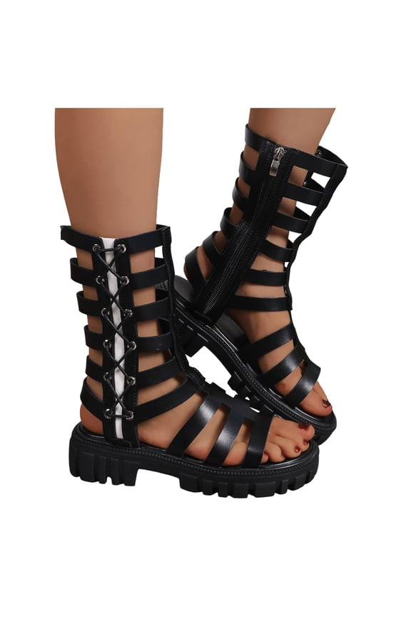 Womens Gladiator Sandals with Back Zipper Chunky Lug Sole High Top Caged Fisherman Sandal Open Toe Dress Ankle Boots Shoes Black Size 7
