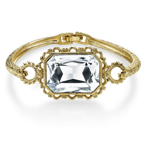 Womens Glass Gold-Tone Crystal Faceted Rectangle Clasp Bracelet NEW