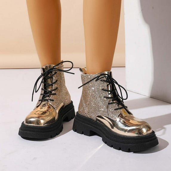 Womens Glitter Ankle Boots Lace Up Waterproof Combat Shoes (Gold 37)