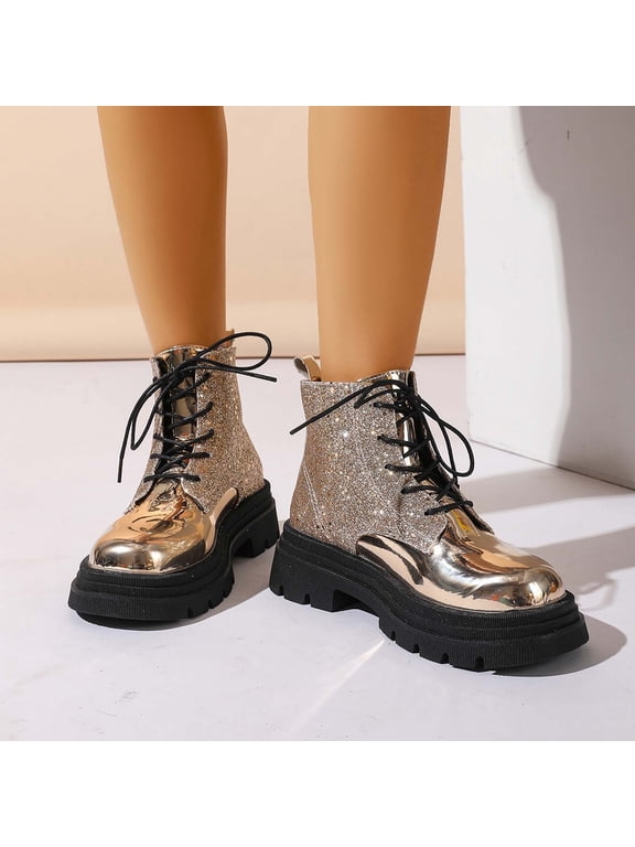 Womens Glitter Ankle Boots Lace Up Waterproof Combat Shoes (Gold 38)