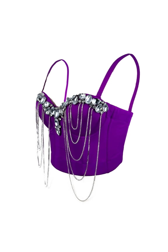 Womens Glitter Bustier Rhinestone Chain Corsets Tops Spaghetti Strap for Wedding Party Cropped Bra Tops Dark Purple M
