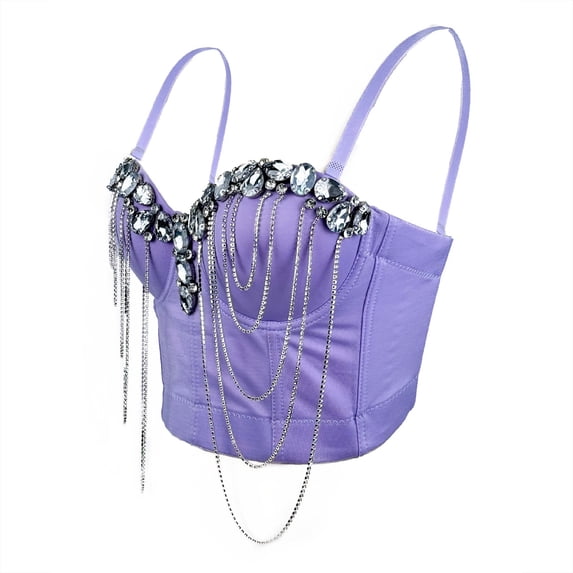 Womens Glitter Bustier Rhinestone Chain Corsets Tops Spaghetti Strap for Wedding Party Cropped Bra Tops Purple XL