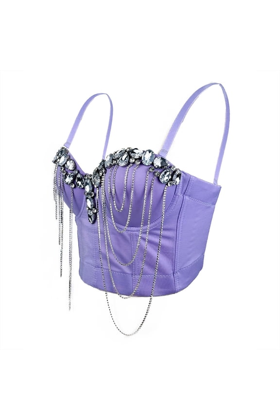 Womens Glitter Bustier Rhinestone Chain Corsets Tops Spaghetti Strap for Wedding Party Cropped Bra Tops Purple XL