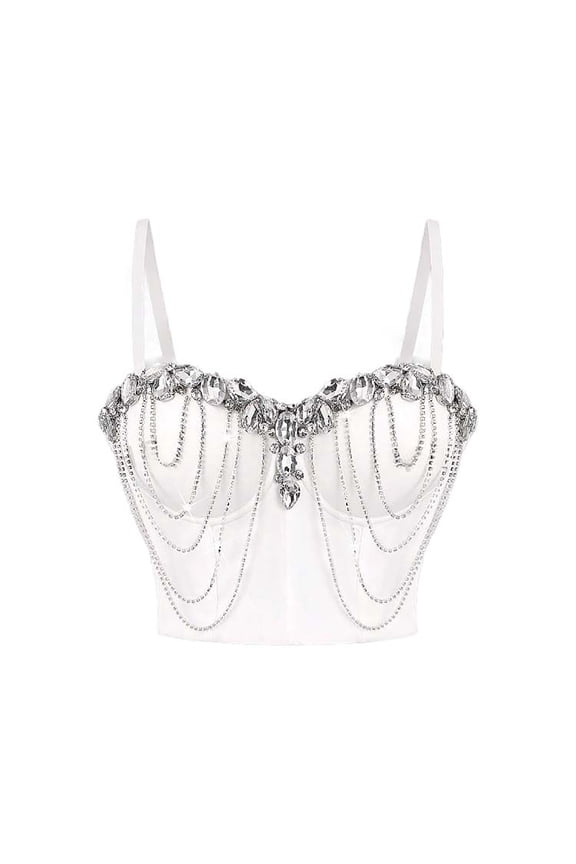 Womens Glitter Bustier Rhinestone Chain Corsets Tops Spaghetti Strap for Wedding Party Cropped Bra Tops White S