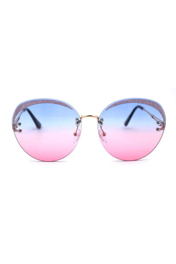 Womens Glitter Eyebrow Round Rimless Fashion Sunglasses Gold Blue Pink