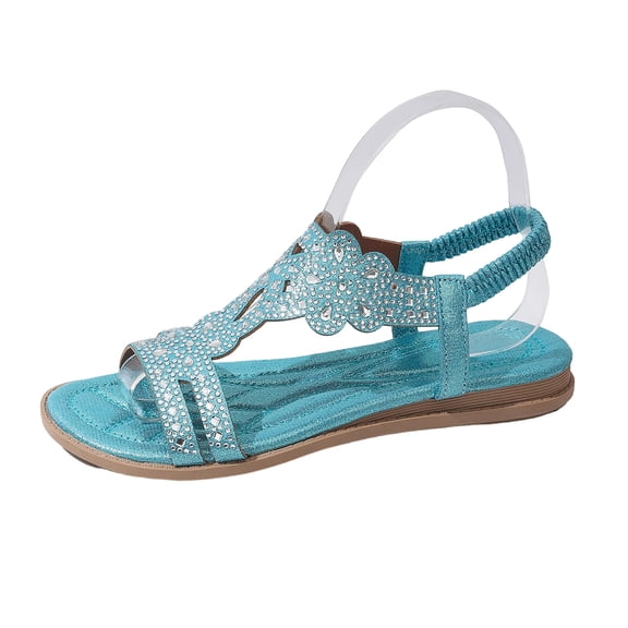 Womens Glitter Flat Sandals | Sparkly Rhinestone Open Toe | Dressy Casual Elastic Ankle Strap Slippers | Non-Slip Sole Blue Turquoise Sizes 5.5-9.5,Size 6.5
