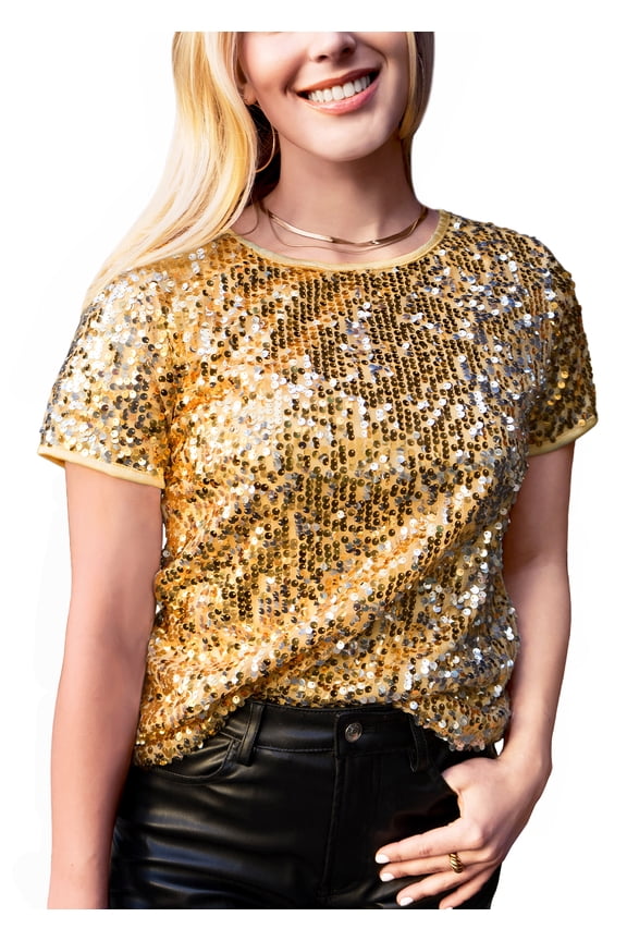 Womens Glitter Full Sequin Top Short Sleeve Round Neck Casual Sparkly Holiday Party Shirt, Gold, Medium