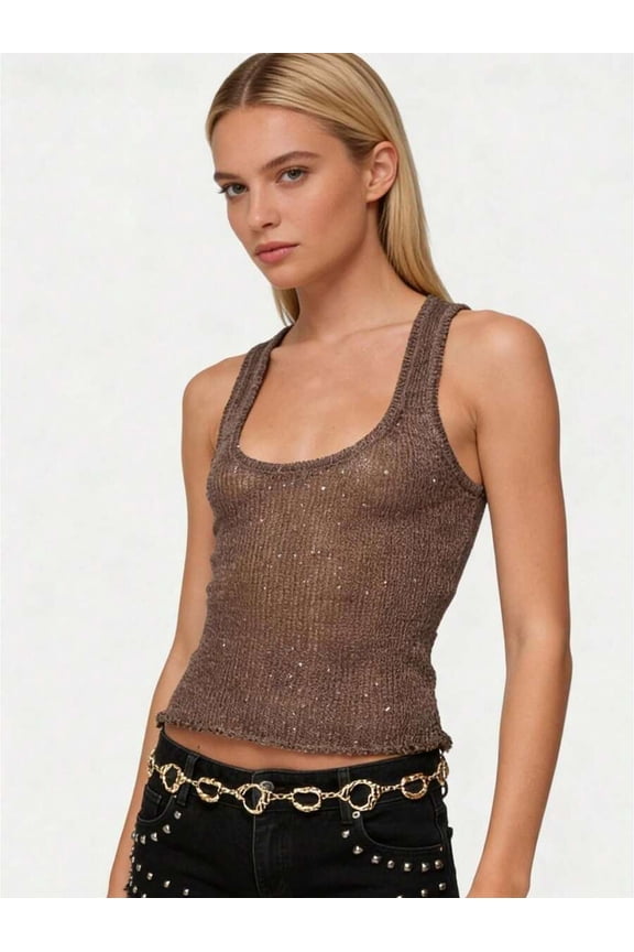 Womens Glitter Knit Crop Tank Top - Brown - 1 Pack