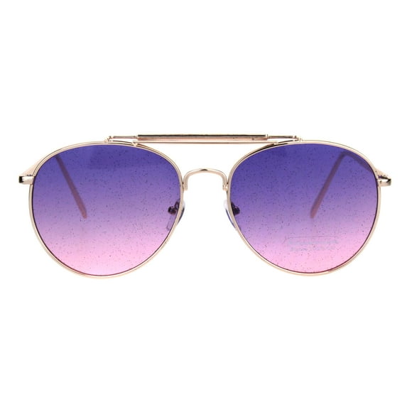 Womens Glitter Lens Metal Flat Top Clip Double Bridge Officer Style Pilots Sunglasses Gold Purple Pink