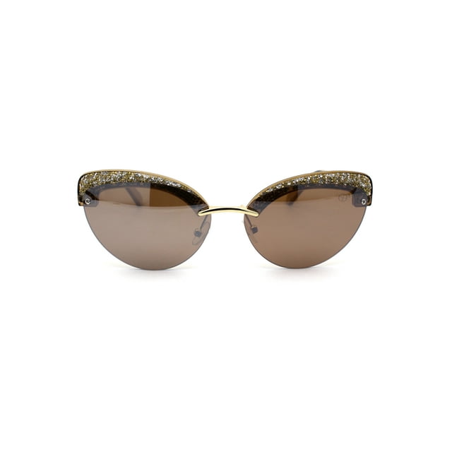 Womens Glitter Nugget Stud Half Rim Round Cat Eye Sunglasses Gold Beige Brown