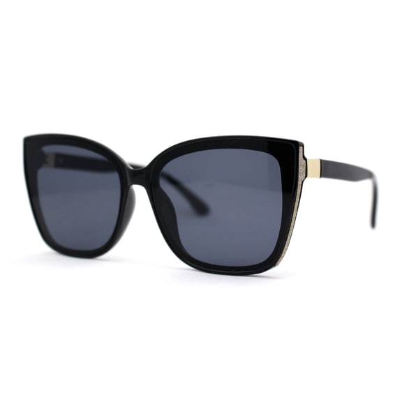 Womens Glitter Oversize Cat Eye Inset Lens Designer Sunglasses All Black