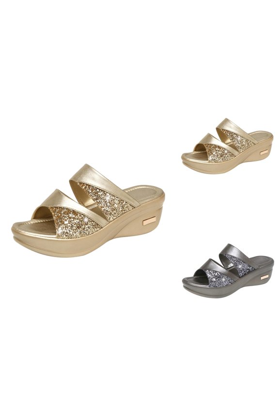 Womens Glitter Platform Wedge Slipper Summer Sequins Slides Sandals Beach Open Toe Slippers Fashion Sexy Sequined Sandals