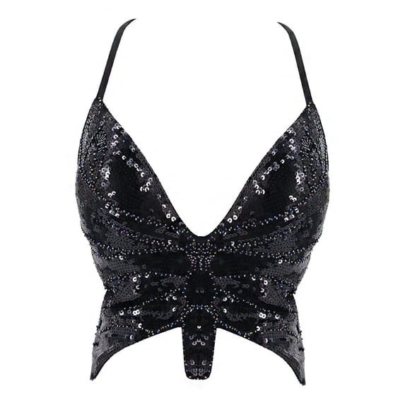 Womens Glitter Sequin Butterfly Crop Tank Top Rave Tube Vest Tops (Black One Size)