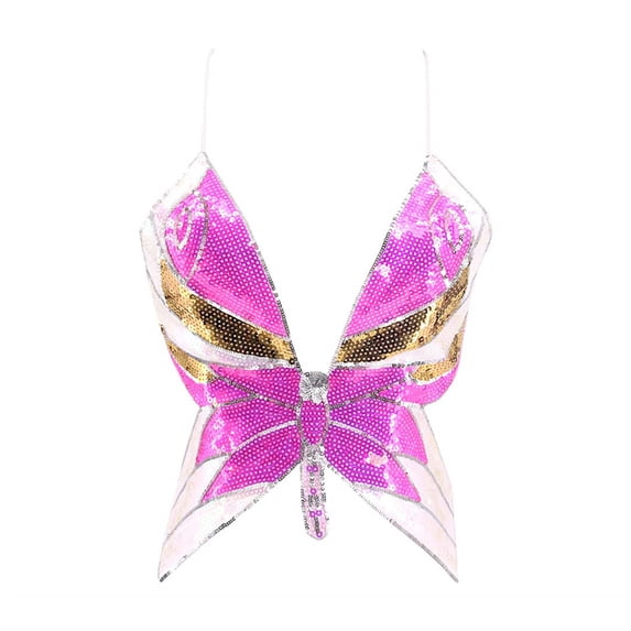 Womens Glitter Sequin Butterfly Crop Tank Top Rave Tube Vest Tops (F One Size)