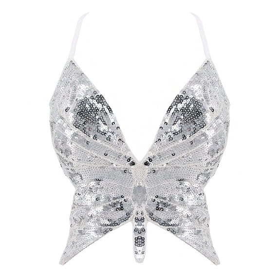 Womens Glitter Sequin Butterfly Crop Tank Top Rave Tube Vest Tops (Silver One Size)