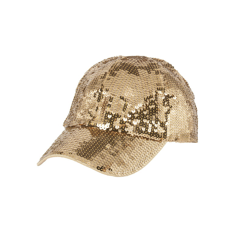Womens Glitter Sequin Cap - Elastic Fit Baseball Hat - Gold