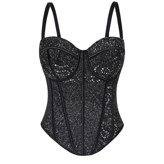 Womens Glitter Sequin Corset Tops Lace Sheer Mesh Bustier Fish Boned Crop Top with Removable Straps Party Tube Top