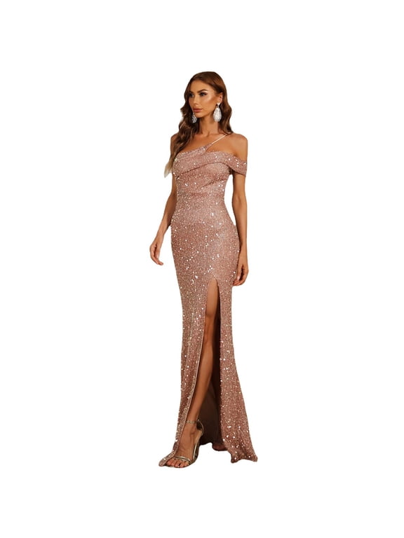 Womens Glitter Sequin Formal Dress Off Shoulder Bodycon High Split Sexy Long Maxi Gown for Evening Wedding Party (Medium, Pink)
