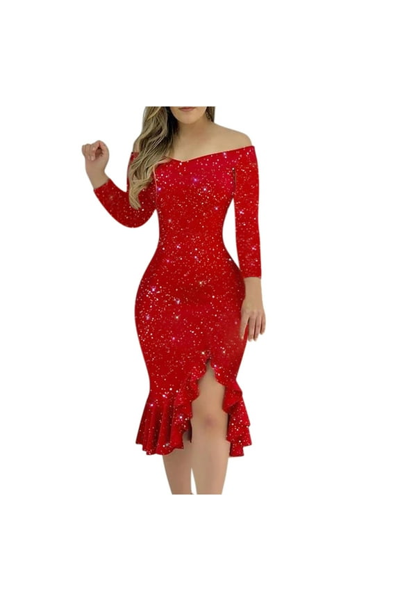 Womens Glitter Sequin Mermaid Cocktail Midi Dress Sexy Off Shoulder Ruffle Split Bodycon Evening Dresses Formal Gown