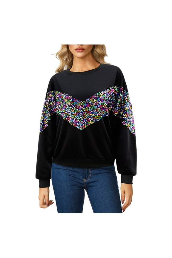 Womens Glitter Sequin Sweatshirt Crew Neck Long Sleeve Pullover Tops with Ribbed Cuffs,Casual Loose Lightweight Sweatshirts Black XL