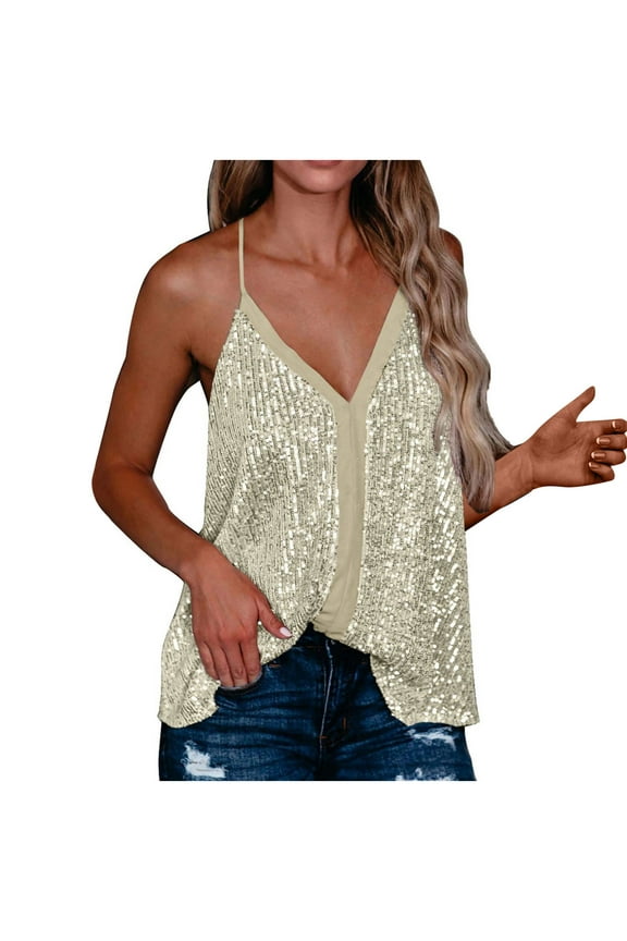 Womens Glitter Sequin Top for Going Out Cute Sexy Strappy Sparkly Shimmer Tank Tops Fashion Party Lace Sequin Camisole Vest Shirt