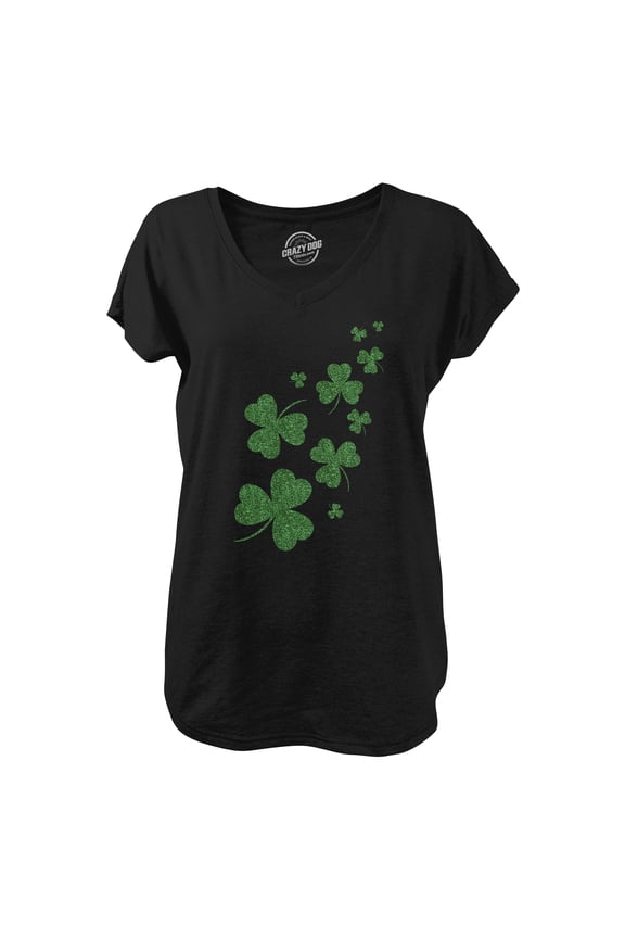 Womens Glitter Shamrocks V-Neck Funny Saint Patricks Day Shamrock Clover Shirt for Ladies