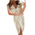 thumbnail image 1 of Womens Glitter Shiny Wrap Dress Short Sleeve V Neck Sparkly Evening Party Wedding Guest Gowns Sexy Clubwear (L, White), 1 of 6