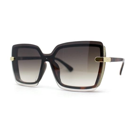 Womens Glitter Sparkling Shield Rimless Square Butterfly Sunglasses Tortoise Gold Brown