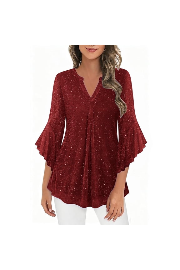 Womens Glitter Tops 3/4 Sleeve Sequin V Neck Sparkly Blouses Dressy Casual Party Night Out Wedding Cocktail Tunic Shirts (S, Wine)