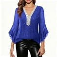 thumbnail image 1 of Womens Glitter Tops Ruffled 3/4 Length Bell Sleeve Sequin Sparkly Party Outfits V Neck Shiny Dressy Casual Blouses (S, Blue 02), 1 of 7
