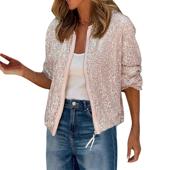 Womens Glittering Casual Jackets Lightweight Zip Up Cardigan Long Sleeve Sequined Cropped Outerwear Coat For Night Event