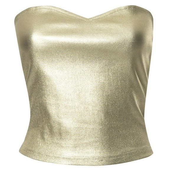 Womens Glittering Metallic Strapless Bodycon Tube Crop Top Festival Party Sparkly Backless Sleeveless Bandeau Vests