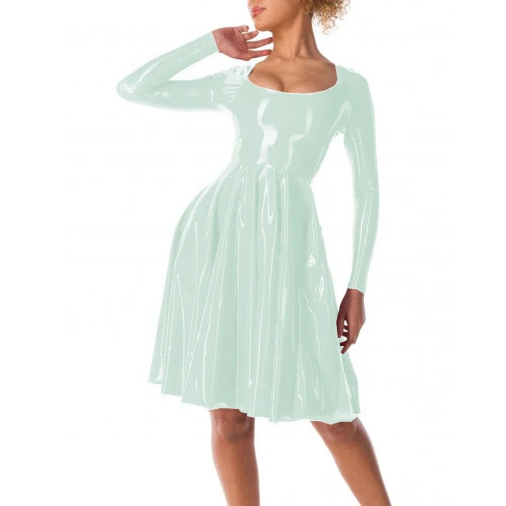 Womens Glossy Patent Leather High Waist A-line Dress Shiny PVC Party ...