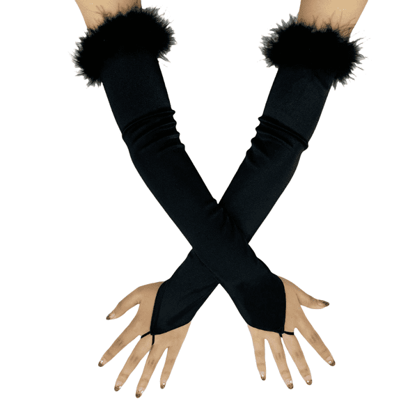 Womens Gloves Satin Long Tea Party Wedding Prom Formal Gloves Evening Costume Gloves with Feather