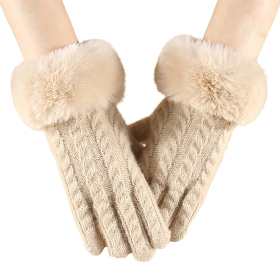 Womens Gloves Winter, Audhol Women's Winter Knitted Gloves Small Style Gloves with Large Furry Cuffs Cold Proof Gloves Touchscreen Gloves for Warmth Fleece Lined Gloves Womens Beige, One Size