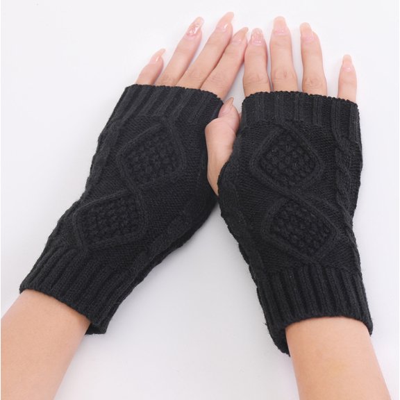 Womens Gloves for Cold Weather New Women's Winter Fingerless Thermal Gloves, Knitted Gloves with Thumb Holes Style B-69 Black One Size