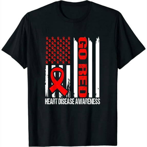 Womens Go Red Heart Disease Awareness Red Ribbon Flag T-Shirt Black Medium