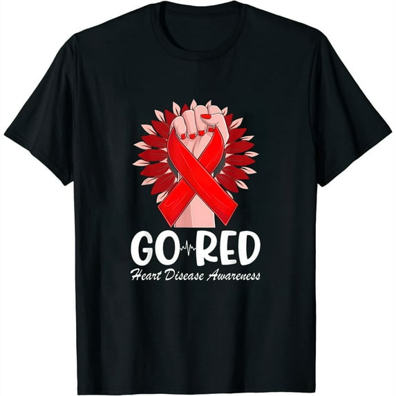 Womens Go Red Heart Disease Sunflower Heart Health Awareness Month T-Shirt Black X-Large