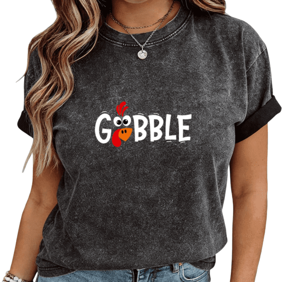 Womens Gobble Turkey Print Tshirt Graphic Tees Shirts Washed Charcoal Funny Thanksgiving Casual Daily Wear Gift Tops S-2XL