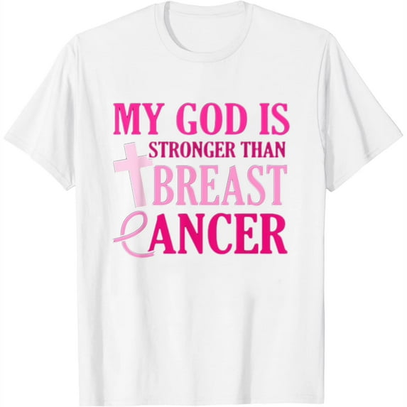 Womens God Is Stronger Than Breast Cancer Pink Awareness Graphic T-Shirt White 2X-Large